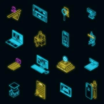 Distance education icons set vector neon Stock Illustration