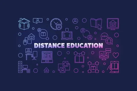 Distance Education line vector colored horizontal illustration Stock Illustration
