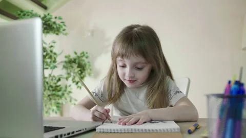 Distance Education Online Learning Lesson Concept. Cheerful Cute Preschool Child Stock Footage 162832222