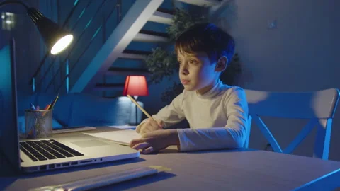 Distance Education Online Learning Lesson Concept. Cute School Kid Drawing on Stock Footage 204771702