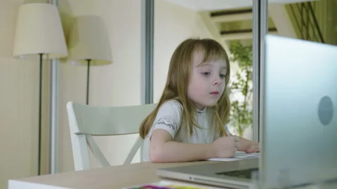 Distance Education Online Learning Lesson Concept. Cute PreSchool Kid Girl Stock-Footage 207686064