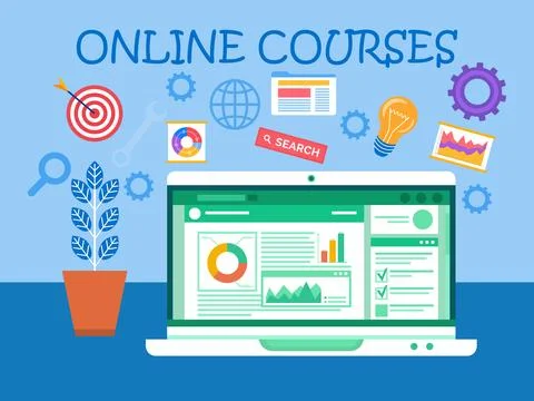 Distance education for student learning remotely on computer at home, online Stock Illustration