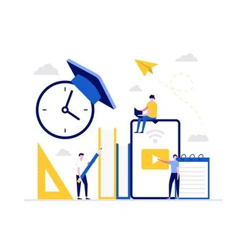 Distance education technology vector illustration concept. Students study o.. Illustrazione stock