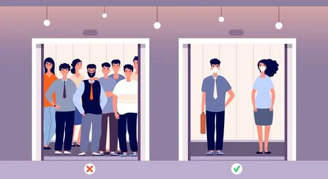 Distance in elevator. Self protection, flu virus protect in public place Stock Illustration