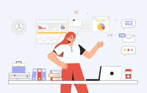 Distance home-based online learning. Computer, laptop with teacher blogger Stock Illustration