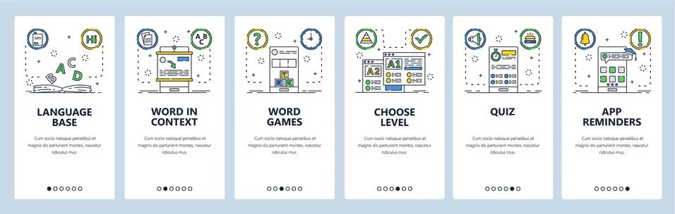 Distance language learning website and mobile app onboarding screens vector Stock Illustration