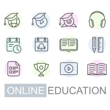 Distance learning and online education icon set - video tutorials Stock Illustration