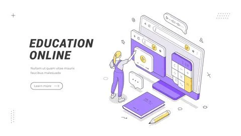 Distance learning and remote webinar courses for students isometric banner te Ilustração Stock