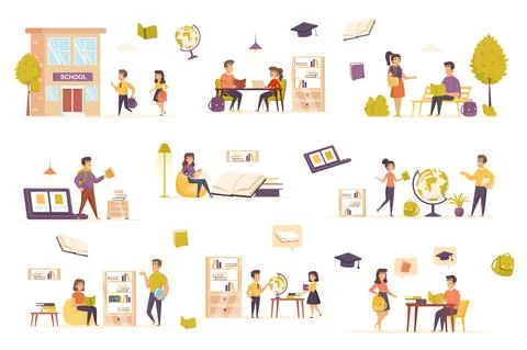 Distance learning bundle of flat scenes. Stockillustratie