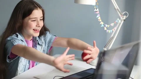 Distance learning. child student study online. girl look at laptop 動画素材 141281286