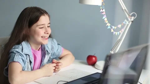 Distance learning. child student study online. girl look at laptop Stock Footage 141281289