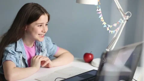 Distance learning. child student study online. girl look at laptop 動画素材 141281319