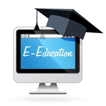 Distance learning - computer and mortarboard, e-education concept Stock Illustration