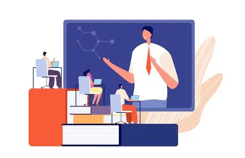 Distance learning concept. Group learn online, professional teacher on monitor Stock Illustration