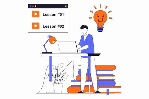 Distance learning concept with people scene in flat outline design. Man stu.. Stock Illustration