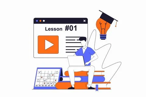 Distance learning concept with people scene in flat outline design. Man stu.. Stock Illustration