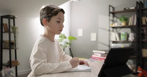 Distance learning. Cute boy communicating with teacher by webcam conference call Stock Footage 263930090