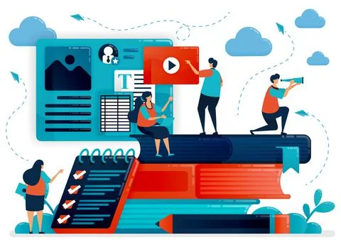 Distance learning with e-learning. Modern education, digital courses, video l Stock Illustration