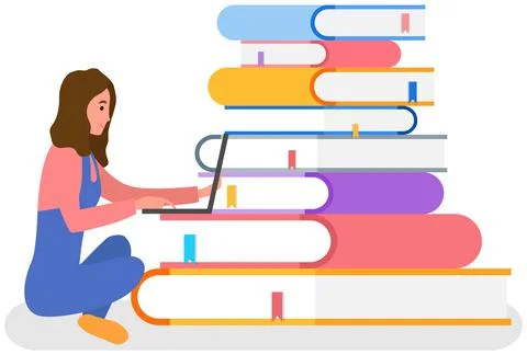 Distance learning education, online library concept. Young woman studies and Stock Illustration