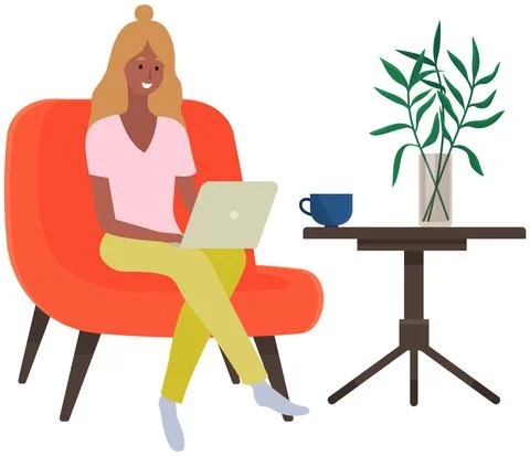Distance learning, freelance and internet entertainment. Woman working with 스톡 일러스트