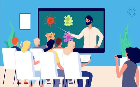 Distance learning. Group of students at online lecture. Teacher giving live Stock Illustration