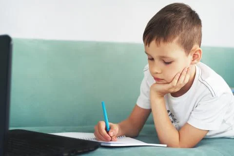 Distance learning at home with students . students study at home Stock Photos