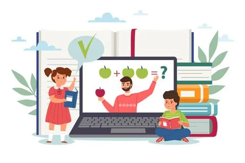 Distance learning, knowledge acquisition, online education. Kids with books and 스톡 일러스트