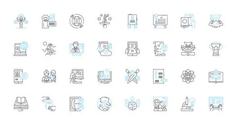 Distance learning linear icons set. Online, Virtual, Remote, E-learning, Digital 스톡 일러스트