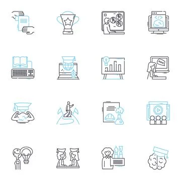 Distance learning linear icons set. Online, Virtual, Remote, E-learning, Digital 스톡 일러스트