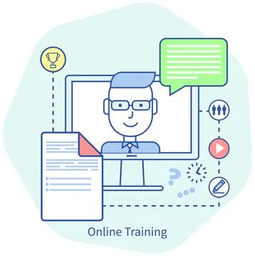 Distance learning, online tutorial course program on monitor. Teacher conducts Stock Illustration