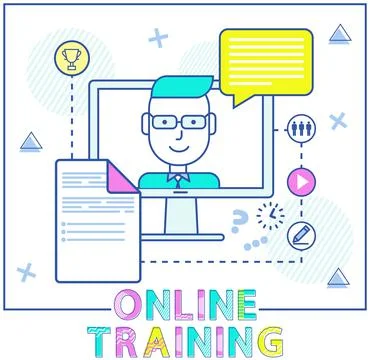 Distance learning, online tutorial course program on monitor. Teacher conducts Stock Illustration