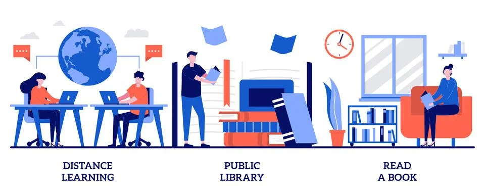 Distance learning, public library, read a book concept with tiny people. Of.. Stock Illustration
