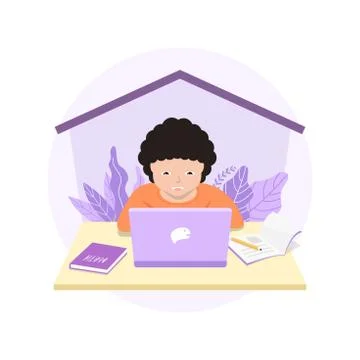 Distance learning solutions. Cute little boy using laptop for online educatio Stock Illustration