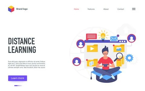 Distance learning technology landing page, student studying training in online イラスト素材