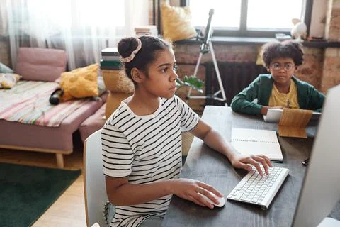 Distance studying on computer at home Stock Photos