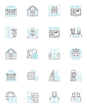 Distance studying linear icons set. Remote, Online, Virtual, Digital, E-learning Stock Illustration