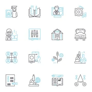 Distance studying linear icons set. Remote, Online, Virtual, Digital, E-learning Stock Illustration