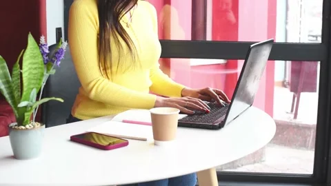 Distance work, woman taping computer at cafe. Freelance .Business people employe Stock Footage 237519614