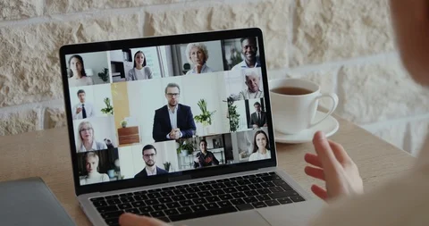 Distance worker video conferencing colleagues team participating virtual meeting Stock Footage 129617447