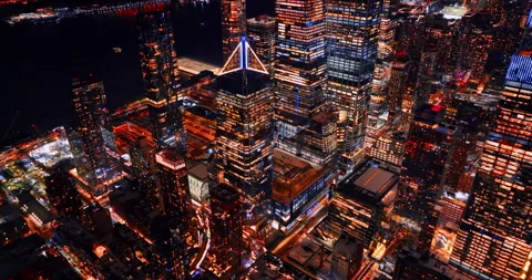 Distancing from sharp neon skyscraper top at night. Luminous architecture of Stock Footage 327870179
