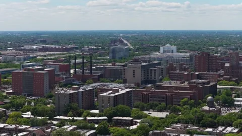 Distant aerial showing Chicago's West Loop Gate neighborhood and Illinois Medica Stock Footage 337895115