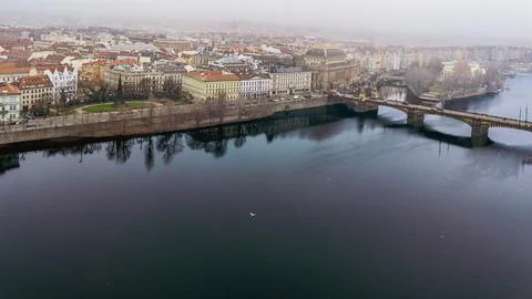 Distant Aerial View of Prague, River and Bridge Foto stock