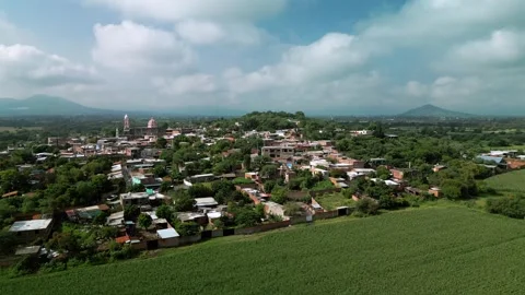 Distant aerial view of a small town among farmland in central Mexico 스톡 동영상 342089237