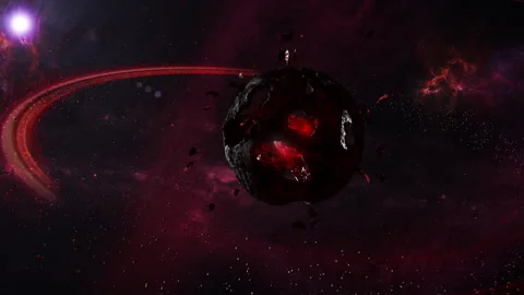 Distant Alien Planet. Fire Planet with Asteroid Belt. Stock Footage 289402309
