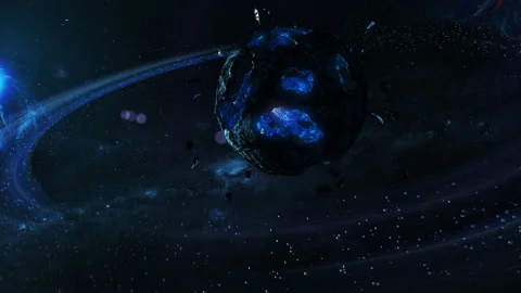 Distant Alien Planet. Frozen Planet with Asteroid Belt. Stock Footage 289402306
