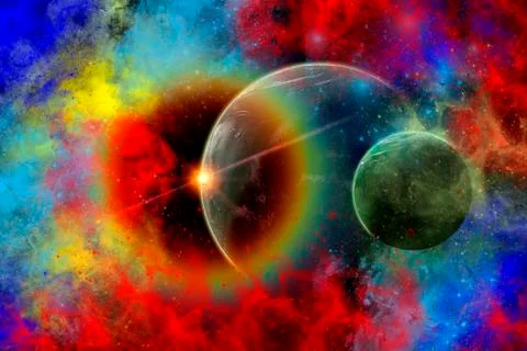 A distant alien world and it's moon surrounded by nebulous gas clouds Ilustração Stock