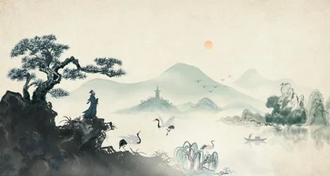 A distant artistic conception of Zen ink landscape painting Illustrazione stock