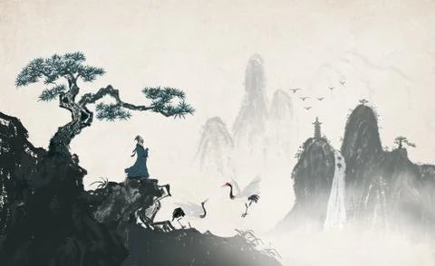 A distant artistic conception of Zen ink landscape painting Illustrazione stock