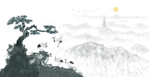 A distant artistic conception of Zen ink landscape painting Illustrazione stock