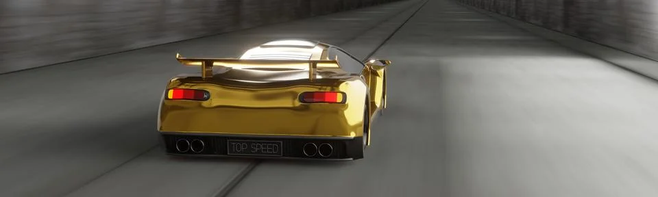 Distant Back View of a Gold Supercar Racing through a Corridor - 3d illustr.. 库存插图